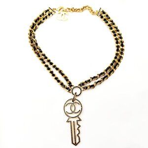 Chanel Gold Plated CC Black Crystal Double Leather Chain Necklace